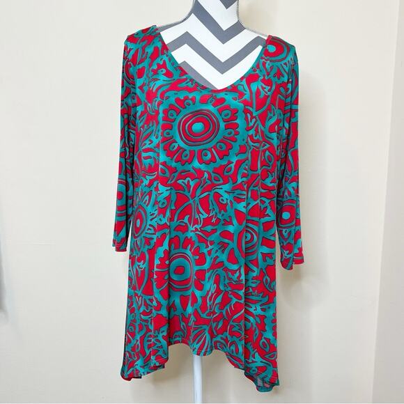 Clara Sunwoo Patterned Tunic Top Turquoise Red Size XL - Picture 1 of 8